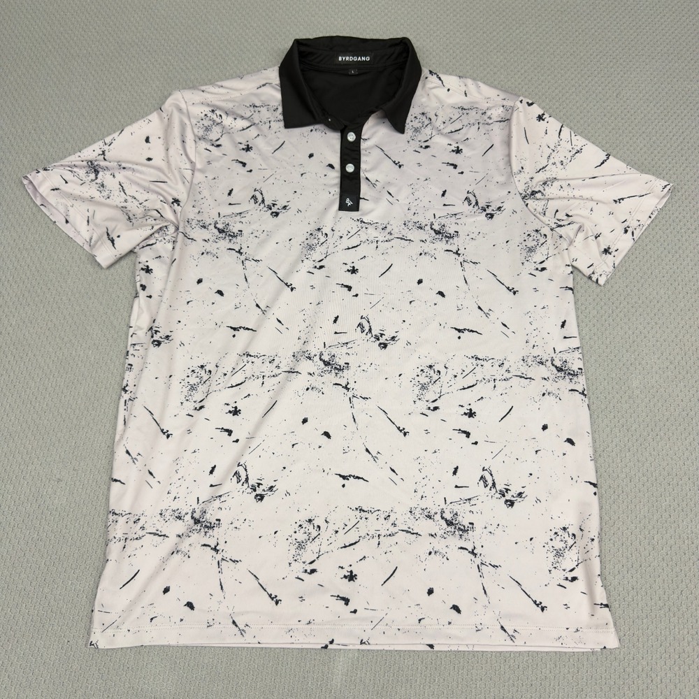 Byrdgang Polo Shirt Mens Large White Black Splatter Abstract Performance Golf